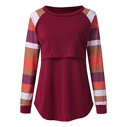 VECDY Lactancia Maternidad para Mujer Camisa, Ropa Premamá Maternidad De Enfermería A Rayas Manga Larga Cuello Redondo Amamantamiento Tops T-Shirt Casual 2019 Oferta （Rojo，L）