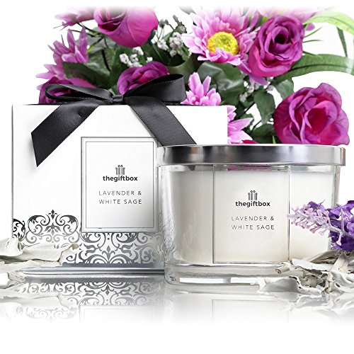 Vela perfumada grande de lavanda y salvia blanca, con tapa brillante, cinta de caja de regalo, velas perfumadas para mujeres, grandes regalos para ella o regalos perfectos para mujer.