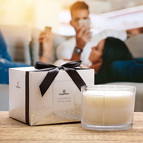 Vela perfumada grande de lavanda y salvia blanca, con tapa brillante, cinta de caja de regalo, velas perfumadas para mujeres, grandes regalos para ella o regalos perfectos para mujer.