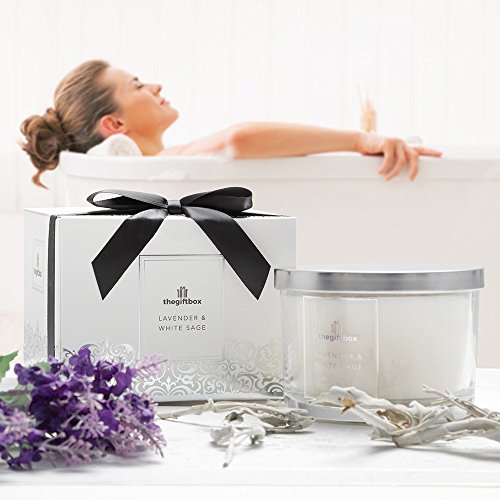 Vela perfumada grande de lavanda y salvia blanca, con tapa brillante, cinta de caja de regalo, velas perfumadas para mujeres, grandes regalos para ella o regalos perfectos para mujer.