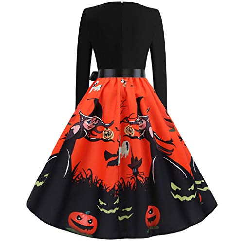 Vestido de Fiesta de Noche de Ama Casa Halloween de Los Años 50 de Manga Larga Vintage para Mujeres Cuello V Vestido de Cóctel Clásico Vendimia de Las Mujeres Vestidos(XXL,Naranja)