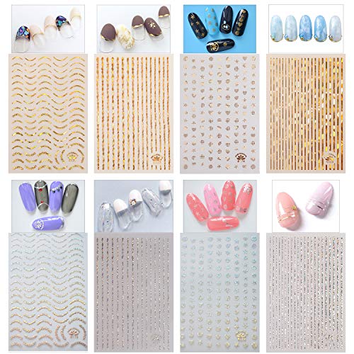VETPW 12 Hojas Pegatinas para Uñas, Oro Plateado 3D Láser Pegatinas de Uñas Autoadhesivas, Metálico Nail Art Stickers Línea Calcomanías Uñas Etiquetas Engomadas para Decoración de Uñas Manicura DIY