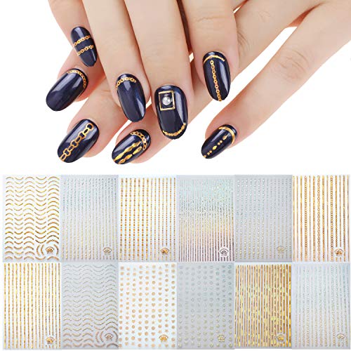 VETPW 12 Hojas Pegatinas para Uñas, Oro Plateado 3D Láser Pegatinas de Uñas Autoadhesivas, Metálico Nail Art Stickers Línea Calcomanías Uñas Etiquetas Engomadas para Decoración de Uñas Manicura DIY