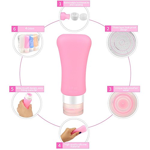 Viajes de silicona botellas set, dia de San Valentin regalos, partysky botella de viaje a prueba de fugas (89ml) para shampoo, locion, crema solar, artículos de tocador, conditioner Airline aprobado