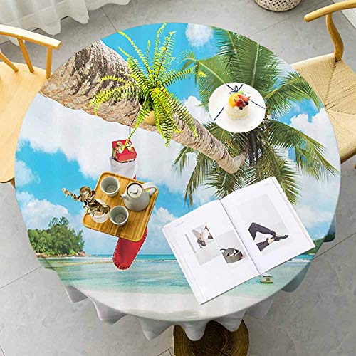 VICWOWONE Mantel de Navidad – 140 cm Mantel redondo cocina Navidad diseño sin costuras calcetín en la palma de la playa tropical arenosa isla Maldivas Diseño festivo Multicolor