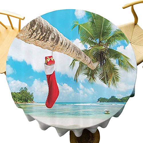 VICWOWONE Mantel de Navidad – 140 cm Mantel redondo cocina Navidad diseño sin costuras calcetín en la palma de la playa tropical arenosa isla Maldivas Diseño festivo Multicolor