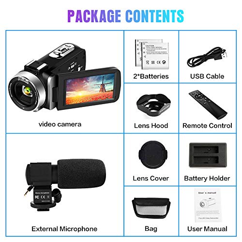 Videocámara 4K Cámara de Video Digital Ultra HD 48MP WiFi Videocamara para Youtube Pantalla táctil de 3.0 Pulgadas Videocámara con Zoom Digital 18X con Micrófono, Control Remoto y Parasol