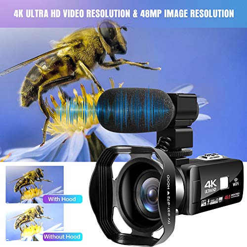 Videocámara 4K Cámara de Video Digital Ultra HD 48MP WiFi Videocamara para Youtube Pantalla táctil de 3.0 Pulgadas Videocámara con Zoom Digital 18X con Micrófono, Control Remoto y Parasol