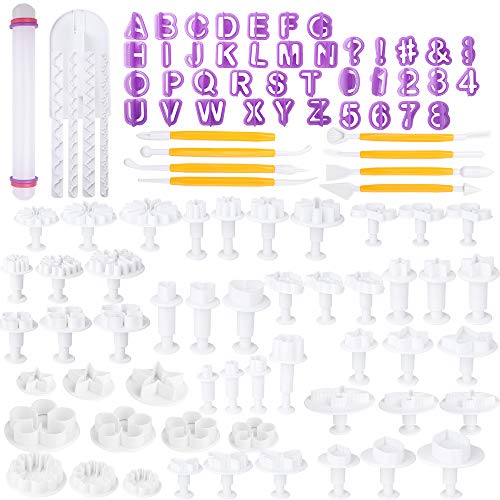 Viesap Juego De Herramientas Para Decoración De Tartas, 108 Pz Herramientas Para Decorar Pasteles Fondant, Cortadores Decoracíon Pasteles Set Incluye Signos De Puntuación, Letras,Números,Rosas,Flores.