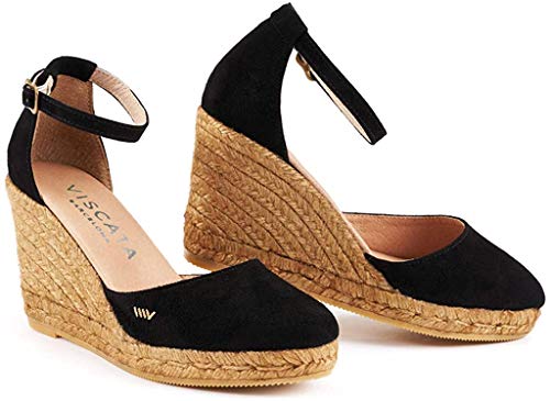 VISCATA Hecho a mano en España Palamos 3" Cuña, Suede, Tobillera, Punta Cerrada, Talón Alpargatas, color Negro, talla 39 EU