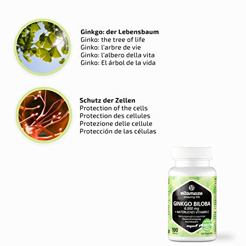 Vitamaze® Cápsulas de Ginkgo de dosis alta 6000 mg, cápsulas de extracto de Gingko Biloba vegano 50:1, 100 cápsulas para 100 días de cuidado continuo, hecho en Alemania