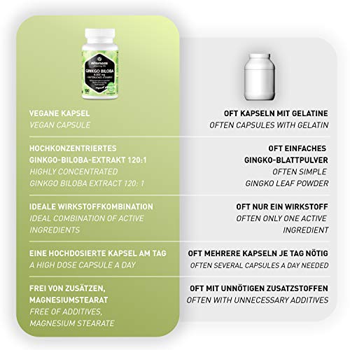 Vitamaze® Cápsulas de Ginkgo de dosis alta 6000 mg, cápsulas de extracto de Gingko Biloba vegano 50:1, 100 cápsulas para 100 días de cuidado continuo, hecho en Alemania
