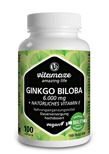 Vitamaze® Cápsulas de Ginkgo de dosis alta 6000 mg, cápsulas de extracto de Gingko Biloba vegano 50:1, 100 cápsulas para 100 días de cuidado continuo, hecho en Alemania