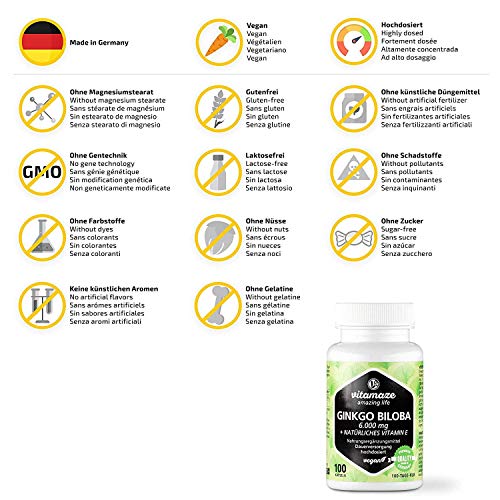 Vitamaze® Cápsulas de Ginkgo de dosis alta 6000 mg, cápsulas de extracto de Gingko Biloba vegano 50:1, 100 cápsulas para 100 días de cuidado continuo, hecho en Alemania