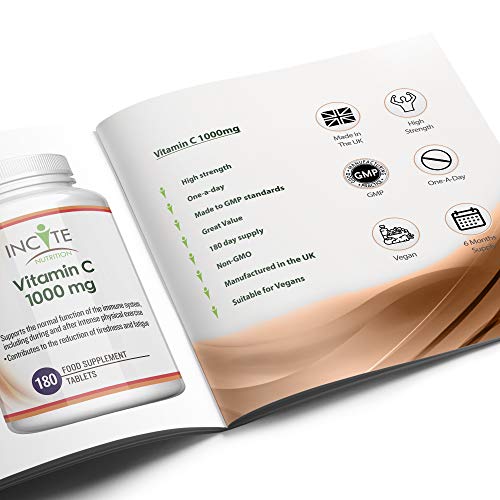 Vitamina C 1000mg | 180 Comprimidos de Primera Calidad (Suministro para 6 meses) | Ácido Ascórbico de Calidad | Adecuado para vegetarianos y veganos | Hecho en el Reino Unido por Incite Nutrition®