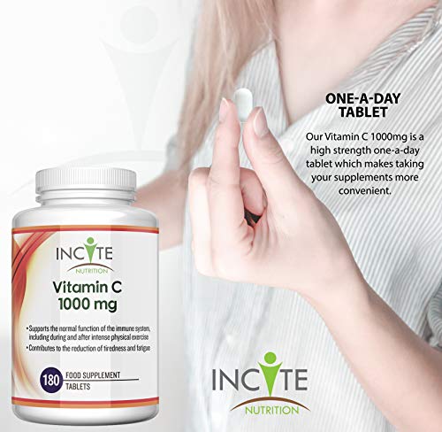 Vitamina C 1000mg | 180 Comprimidos de Primera Calidad (Suministro para 6 meses) | Ácido Ascórbico de Calidad | Adecuado para vegetarianos y veganos | Hecho en el Reino Unido por Incite Nutrition®