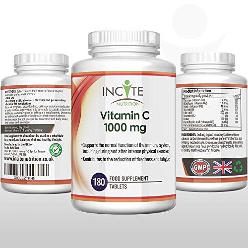 Vitamina C 1000mg | 180 Comprimidos de Primera Calidad (Suministro para 6 meses) | Ácido Ascórbico de Calidad | Adecuado para vegetarianos y veganos | Hecho en el Reino Unido por Incite Nutrition®