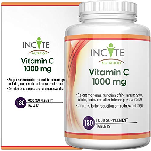 Vitamina C 1000mg | 180 Comprimidos de Primera Calidad (Suministro para 6 meses) | Ácido Ascórbico de Calidad | Adecuado para vegetarianos y veganos | Hecho en el Reino Unido por Incite Nutrition®