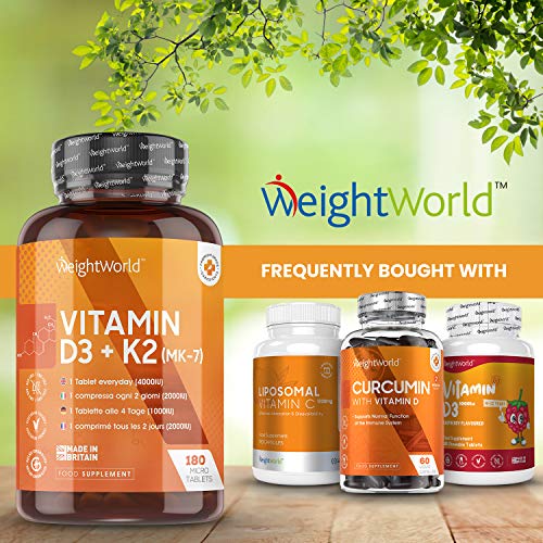 Vitamina D3 K2, 180 Comprimidos - Vitamina D3 4000UI, Vitamina K2 100 µg, Máxima Absorción y Biodisponibilidad MK7 99,7% All-Trans, Estimula Sistema Inmunológico y Favorece la Absorción de Calcio