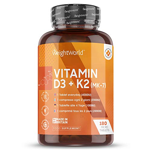 Vitamina D3 K2, 180 Comprimidos - Vitamina D3 4000UI, Vitamina K2 100 µg, Máxima Absorción y Biodisponibilidad MK7 99,7% All-Trans, Estimula Sistema Inmunológico y Favorece la Absorción de Calcio