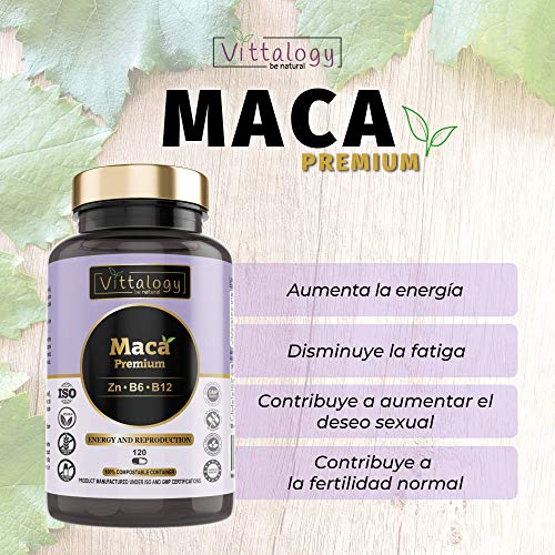 Vittalogy Maca Premium. Maca Andina Pura 4000 mg Con Vitaminas B6 Y B12 Y Zinc. Raíz De Maca Peruana Potenciadora Del Deseo Sexual, La Libido Y La Fertilidad. Vigorizante. 120 Cápsulas.