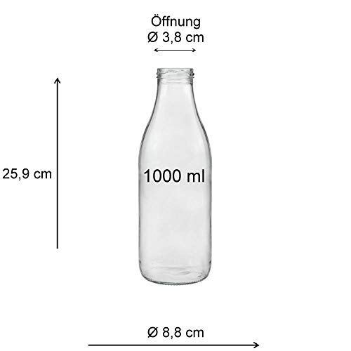 Viva Haushaltswaren – Botellas de Cristal (/Botellas de Leche 250 ml con Rosca Plateadas – Incluye Embudo, Vidrio, Tapa Blanca, 8 x 1000ml
