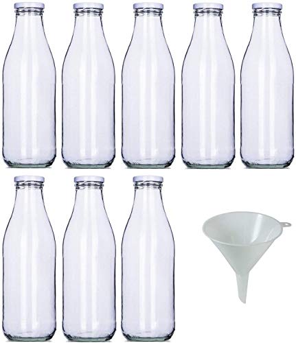 Viva Haushaltswaren – Botellas de Cristal (/Botellas de Leche 250 ml con Rosca Plateadas – Incluye Embudo, Vidrio, Tapa Blanca, 8 x 1000ml