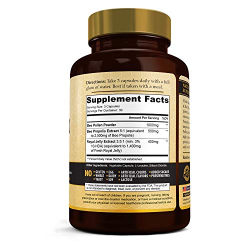 Vivid Health Nutrition Nutrición Y Salud Vívida De Alta Potencia Jalea Real (500 Mg) Y El Polen De Abeja (1200 Mg) Con Propóleos De Abeja (400 Mg) - Fórmula Altamente Concentrada - 90 Cápsulas