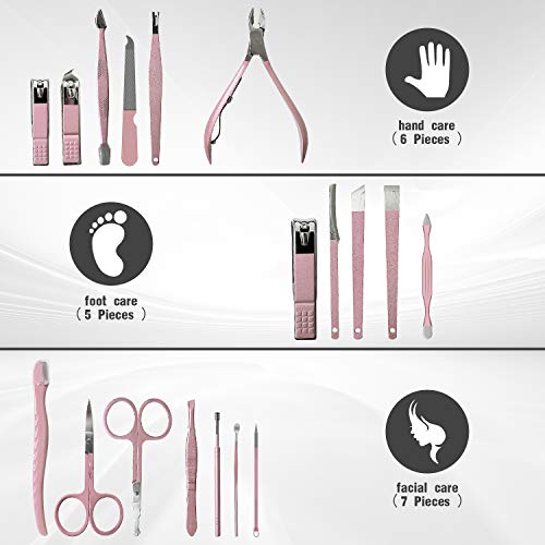 VKK Set de Manicura y Pedicura, Estuche de Cuidado de Uñas, Kit de 18 Herramientas de Cuidado Personal (Rosa)