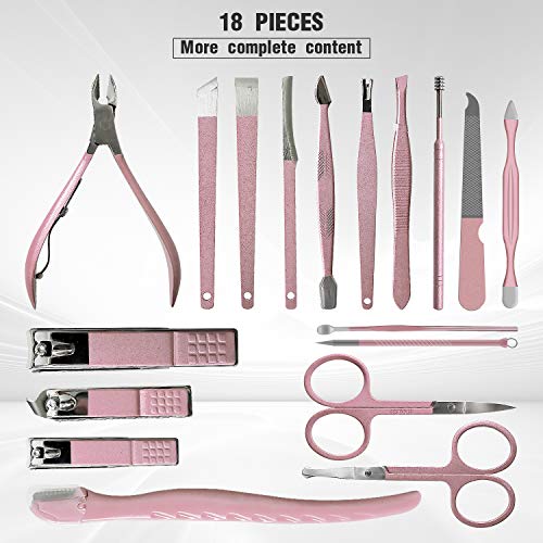 VKK Set de Manicura y Pedicura, Estuche de Cuidado de Uñas, Kit de 18 Herramientas de Cuidado Personal (Rosa)