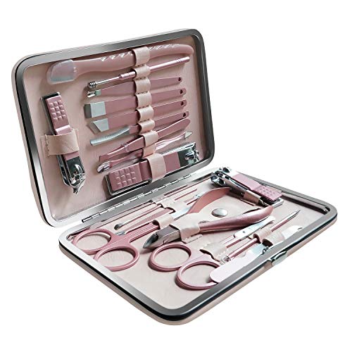 VKK Set de Manicura y Pedicura, Estuche de Cuidado de Uñas, Kit de 18 Herramientas de Cuidado Personal (Rosa)