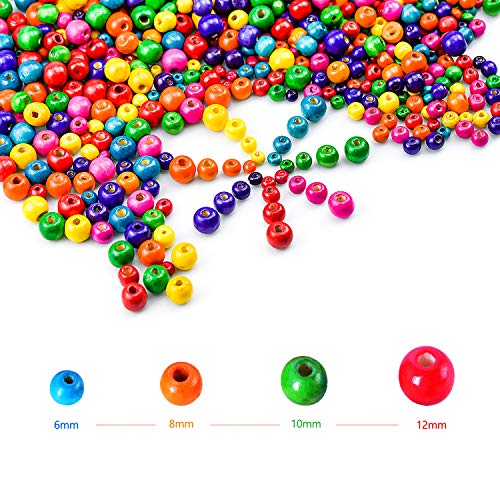 Wandefol 800pcs Cuenta de Madera, Cuenta de Colores, Perlas de Madera, Surtidos de Abalorios, Cuenta de Madera Infantil 6mm 8mm 10mm 12mm para Juguete de Niños Colores Surtidos DIY Manualidades