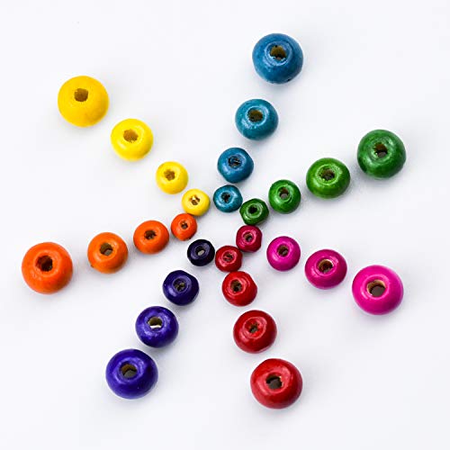 Wandefol 800pcs Cuenta de Madera, Cuenta de Colores, Perlas de Madera, Surtidos de Abalorios, Cuenta de Madera Infantil 6mm 8mm 10mm 12mm para Juguete de Niños Colores Surtidos DIY Manualidades