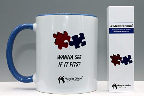 ¿Wanna See If It Fits? Taza divertida, día del padre, día de San Valentín, cumpleaños, Navidad, taza de café de té de oficina 325 ml y androstenonum 5 ml 100% de feromona para hombres
