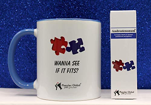 ¿Wanna See If It Fits? Taza divertida, día del padre, día de San Valentín, cumpleaños, Navidad, taza de café de té de oficina 325 ml y androstenonum 5 ml 100% de feromona para hombres