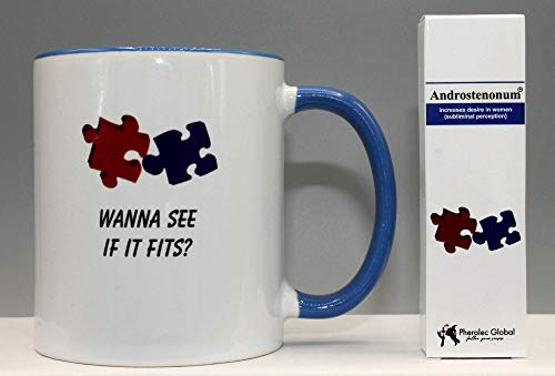¿Wanna See If It Fits? Taza divertida, día del padre, día de San Valentín, cumpleaños, Navidad, taza de café de té de oficina 325 ml y androstenonum 5 ml 100% de feromona para hombres
