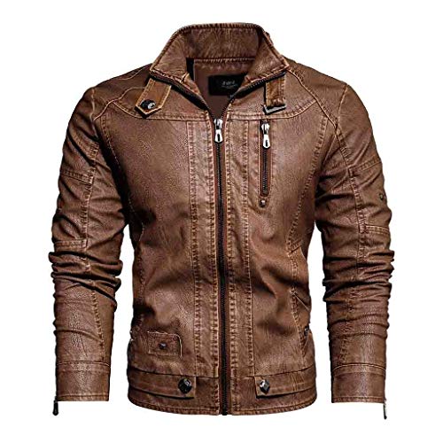 waotier Chaqueta de Cuero Hombres Color sólido de Descubierta Forro de Pelusa de la Chaqueta de Cuero de la Cremallera de Manga Larga Artificial Abrigos Cazadora Outwear