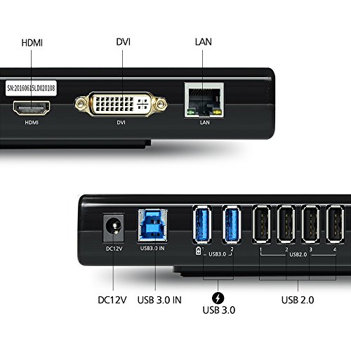 WAVLINK USB 3.0 Universal Docking Station Multifuncional Dual Video Display Outputs HDMI/DVI/VGA/hasta 2048x1152,Gigabit Ethernet, Audio Output/Input,6 Puertos de USB para Laptop,Ultrabook y PCs