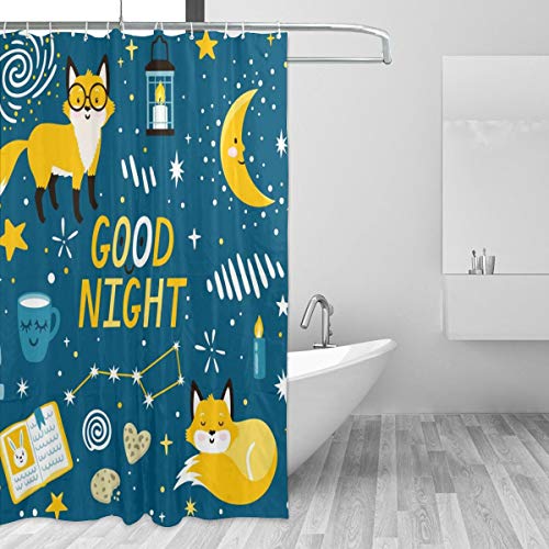 Wdoci Cortina de baño,Impermeable,Vector mágico Conjunto de Iconos de Noche Lindo Zorro,Luna,Libro,Velas,Leche y Galletas,Cortina de Ducha de con Ganchos 180cmx180cm