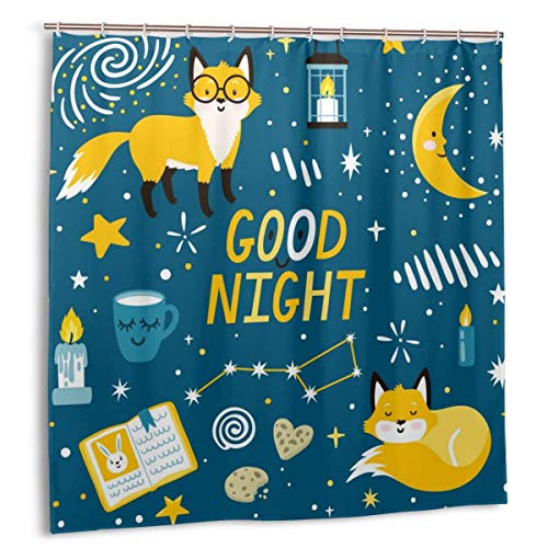 Wdoci Cortina de baño,Impermeable,Vector mágico Conjunto de Iconos de Noche Lindo Zorro,Luna,Libro,Velas,Leche y Galletas,Cortina de Ducha de con Ganchos 180cmx180cm