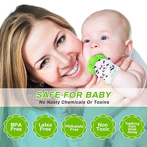 Welltop Baby dentición Manoplas, paquete de 2 guantes de mordedor de silicona de grado alimenticio, juguete de mordedor lavable para niños y niñas de 3 meses