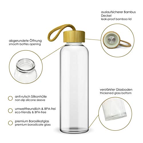 Wenburg Cantimplora Botella de Cristal con Tapa de bambú 550 ml, Cubierta de Silicona. Botella Deportiva/Botella de Agua de Vidrio. para Llevar. para té, Agua, Batidos (Rosa, 0,35 l)