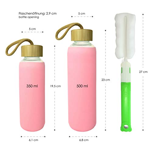 Wenburg Cantimplora Botella de Cristal con Tapa de bambú 550 ml, Cubierta de Silicona. Botella Deportiva/Botella de Agua de Vidrio. para Llevar. para té, Agua, Batidos (Rosa, 0,35 l)