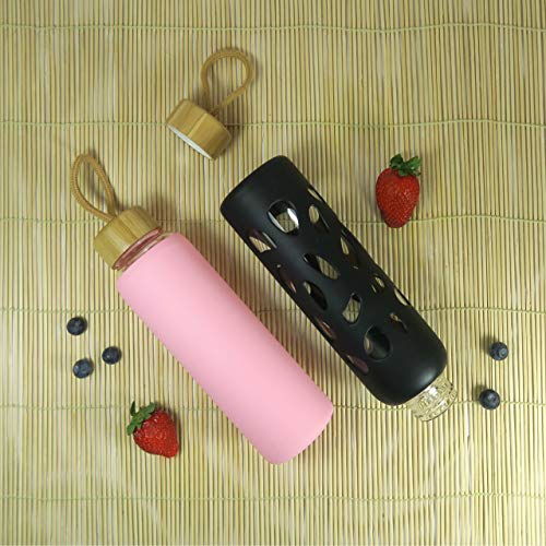Wenburg Cantimplora Botella de Cristal con Tapa de bambú 550 ml, Cubierta de Silicona. Botella Deportiva/Botella de Agua de Vidrio. para Llevar. para té, Agua, Batidos (Rosa, 0,35 l)