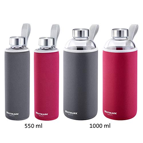 Westmark 5274226A - Botella de Cristal con impresión (Incluye Funda Protectora, 1000 ml, Cristal/Silicona/Caucho, sin bisfenol A), Color Gris y Plateado