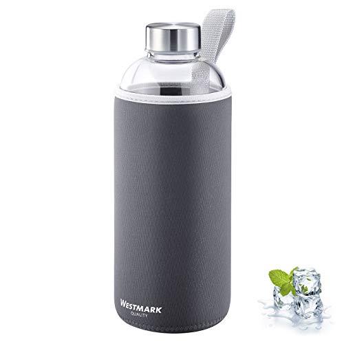 Westmark 5274226A - Botella de Cristal con impresión (Incluye Funda Protectora, 1000 ml, Cristal/Silicona/Caucho, sin bisfenol A), Color Gris y Plateado