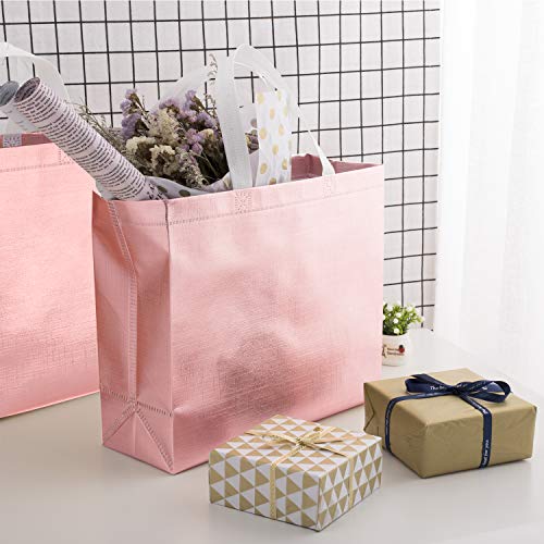 Whaline Juego de 12 Bolsas Reutilizables Supermercado, Bolsa con Asa, Bolsa de Regalo No-tejida, Bolsa de Compras, Bolsa de Promoción, para Fiestas, Eventos, Bodas, Cumpleaños(Oro Rosa)