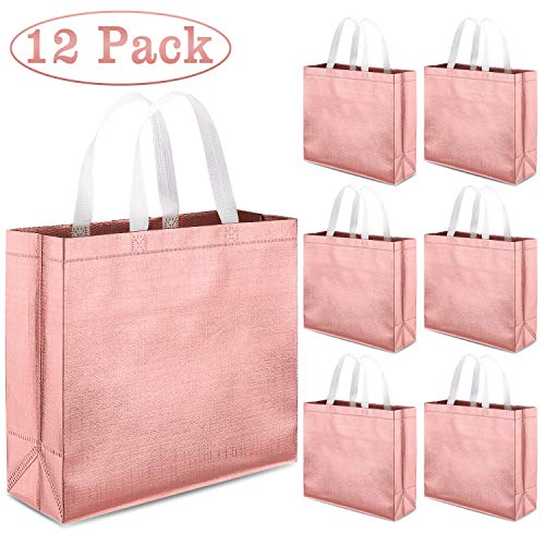 Whaline Juego de 12 Bolsas Reutilizables Supermercado, Bolsa con Asa, Bolsa de Regalo No-tejida, Bolsa de Compras, Bolsa de Promoción, para Fiestas, Eventos, Bodas, Cumpleaños(Oro Rosa)