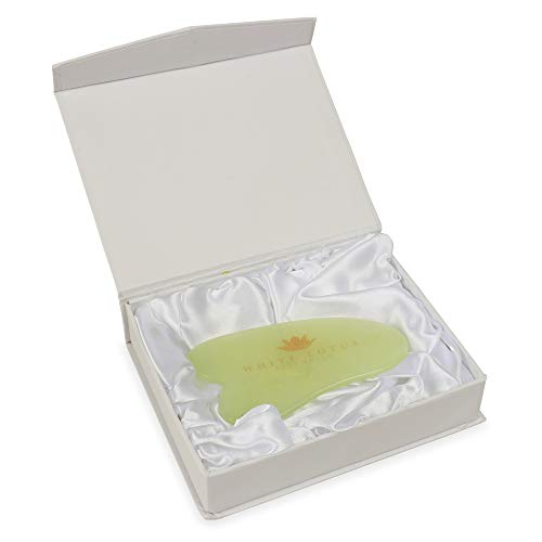 White Lotus Anti Aging – Piedra de Auto Masaje Gua Sha de Jade Masajeador Facial Antiedad Gua Sha Pan Terapia Antiarrugas Accesorio de Belleza Técnica Guasha con Su Caja Tradicional Forrada en Seda
