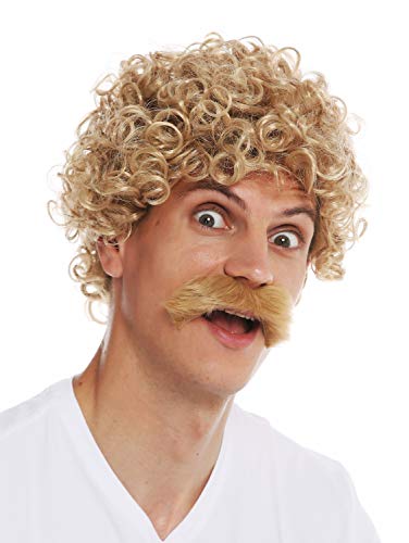 WIG ME UP- 2191-ZA82A Peluca Bigote Carnaval Halloween Hombres Pelo Rizado Rubio los años 70